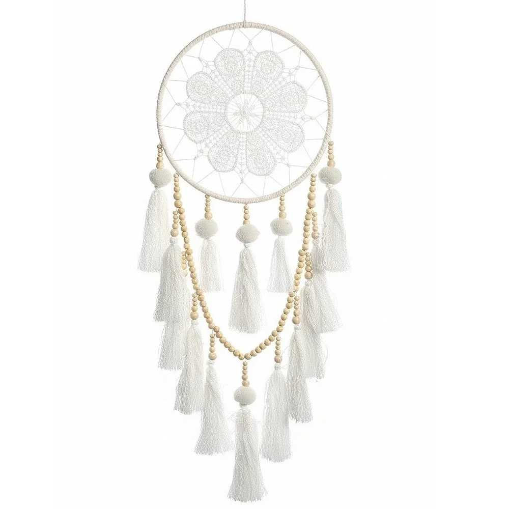White‎ Boho Dreamcatcher White Lace Flower Tassels Wood Beads Wall Hanging Decor
